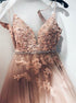 A Line Spaghetti Straps Appliques Beadings Tulle Pink Prom Dress LBQ3218